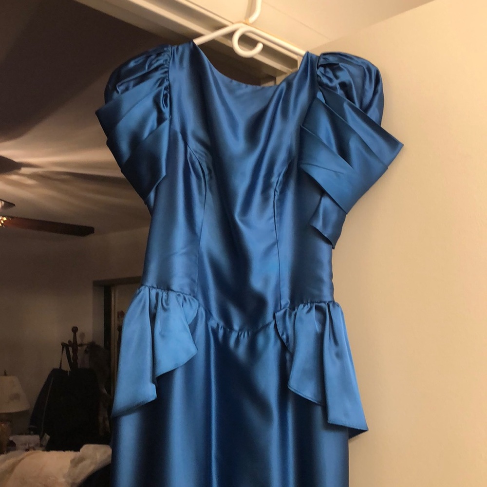 Teal Satin Long Gown Low Plunging Back with Satin Ruffles. $45